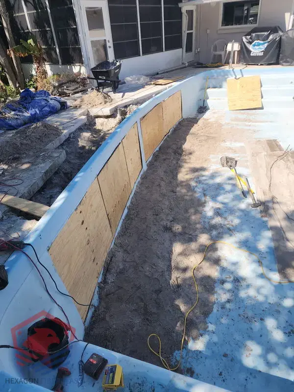 Pool Wall Bulge Repair — Start — Hexagon Fiberglass Pools
