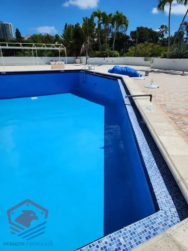 Commercial Pool Resurfacing - Medium Blue & Tile Install — Hexagon Fiberglass Pools